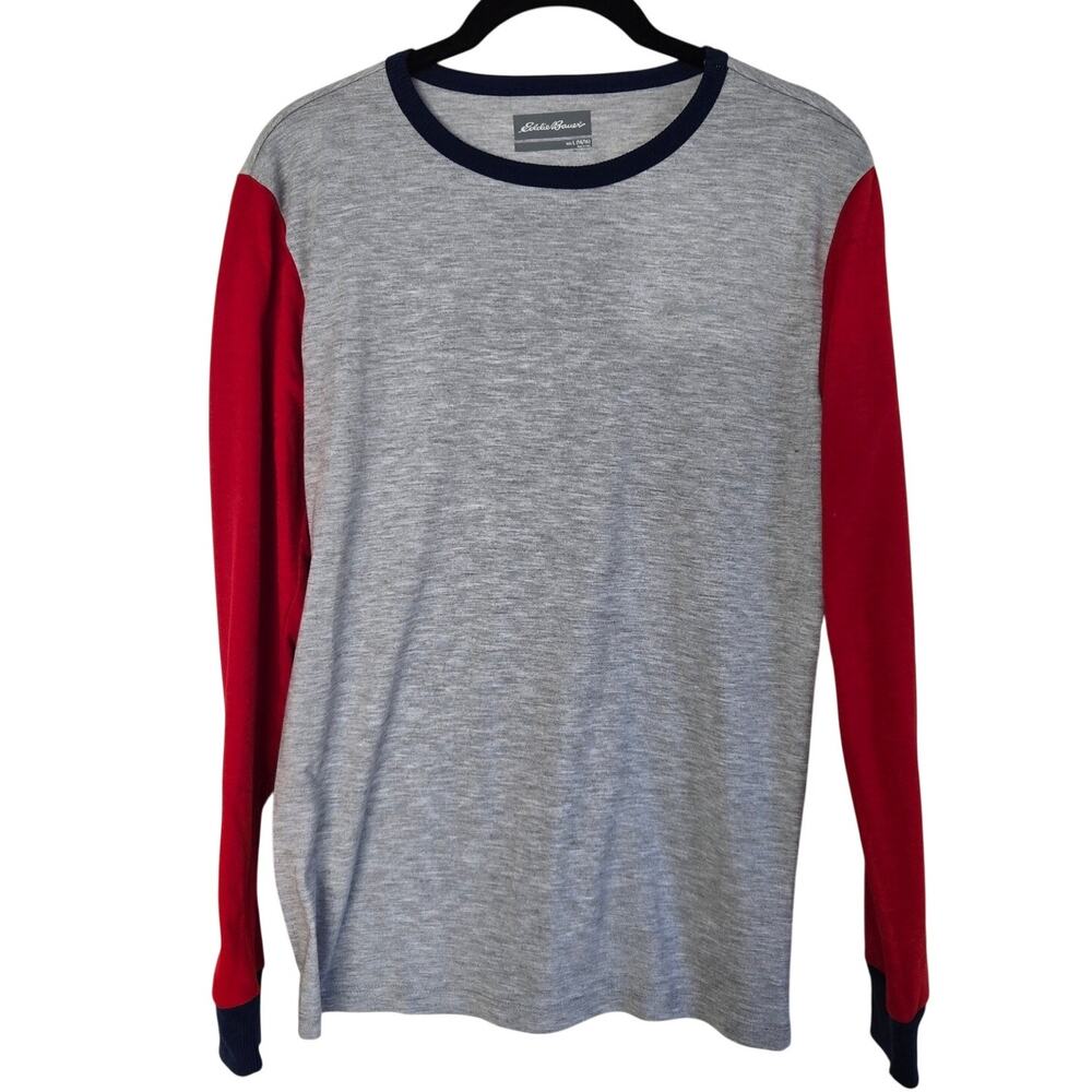 Eddie Bauer Boys Heather Gray Raglan Long Sleeve Tee Red Sleeves Kids Large